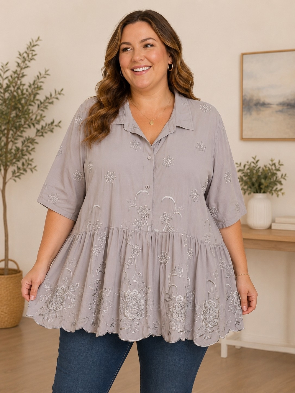 La Bellum Hillary Scott Embroidered Peplum Blouse 2X Taupe NWT